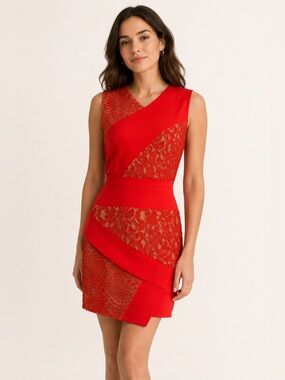 BCBG MaxAzria Lace Mini Dress Red Orange Asymmetrical Size 10